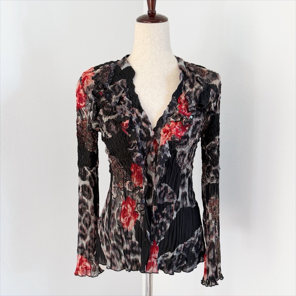 VTG Alberto Makali Top Womens Medium Black Red Sequin Crinkle 90s Y2K Abstract